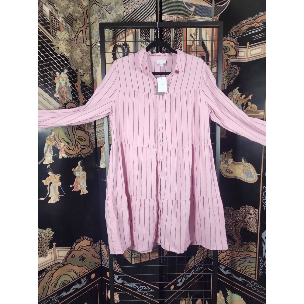 J. Jill Love Linen Tiered Shirt Dress Medium M Pink Striped Long Sleeve NWT